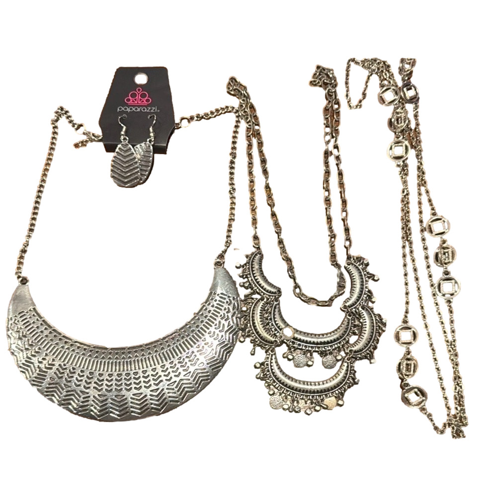 Silvertone Costume Necklaces: Set of 3: 2 Paparazzi, 1 Unbranded